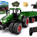 Uarzt Remote Control Tractor Toy with Trailer | Metal Front & Front Loader Farm Vehicle Set with Lights & 8-Wheel Design, RC Tractor Truck for Boys Ages 3-9, Fun Farm Toy Gift for Kids