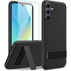 for Samsung Galaxy A07 2025 Phone Case with Glass Screen Protector, [3 Stand Ways] Metal Kickstand/Stand Silicone TPU Slim Fit Shockproof Protective Cover Case for Samsung Galaxy A07 - Black