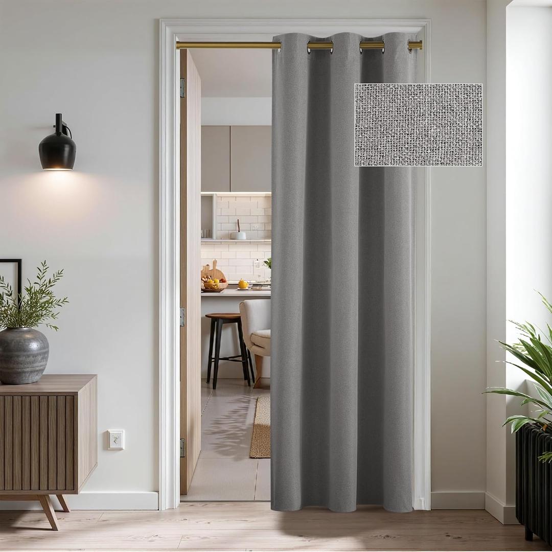 RYB HOME 100% Blackout Linen Door Curtains for Doorways, Thermal Insulated Light Blocking Drapes for Interior Room/Kitchen/Bathroom/Closet, Grey, W42 x L80, 1 Panel