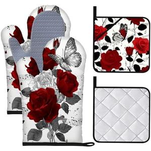 BVBOX Oven Mitts and Potholders Set of 4 Heat Resistant Oven Gloves and Pot Holders with Non-Slip Silicone Surface for Kitchen Cooking Baking Grilling (Red Rose, Set of 4)