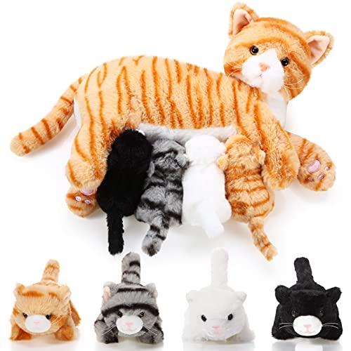 Skylety Nurturing Cat Stuffed Animal with 4 Plush Kittens, Cats Baby Stuffed for Girls Boys Plushy Mommy Kitty with Baby Kittens for Valentine Birthday Party Favors Gifts(Cute Style)