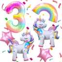 Unicorn 3rd Birthday Party Decorations Balloon Set with Self Standing Unicorn, Large Rainbow, Colorful Number 3, Star Balloons for Girl Purple Pink Theme 3rd Party Supplies