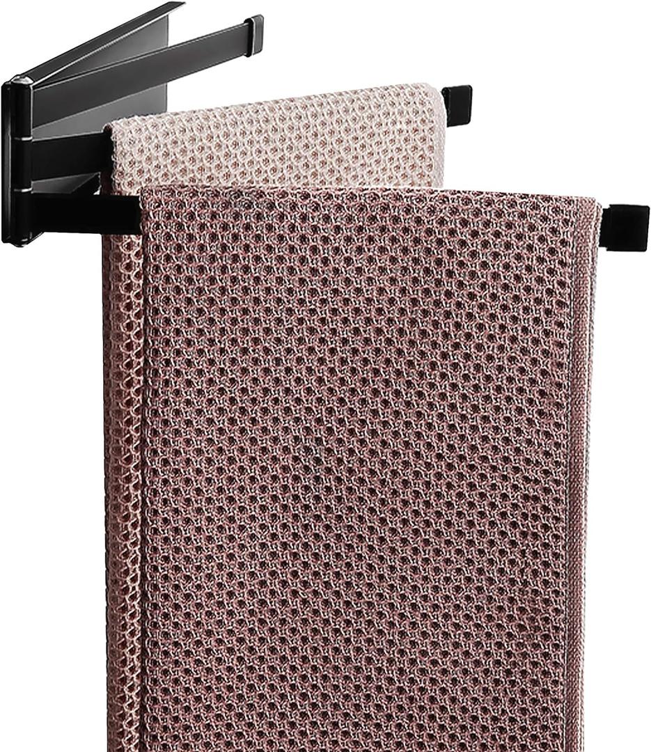 Swing Towel Holder Rack Matte Black, Wall Mounted Towel Bar Swivel with 3-Arm for Bathroom Kitchen Storage