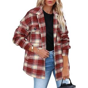 Beaully Women's Flannel Plaid Shacket Fall Winter Outfits Long Sleeve Button Down Shirts Jacket Coats with Side Pockets, M, Red