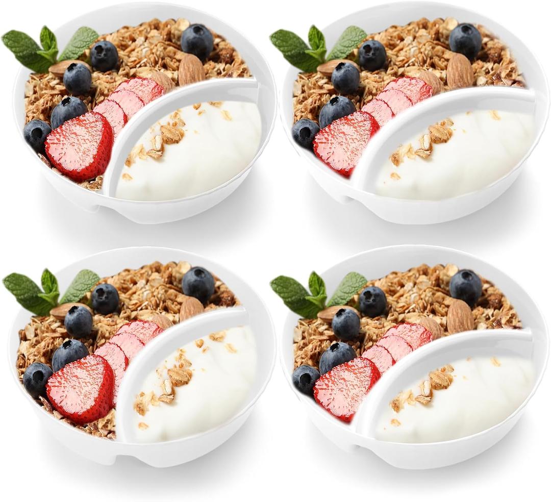 Teenyyou 4 Pcs Divided Cereal Bowls Anti Soggy Cereal Bowl with Divider Plastic Separate Milk Container Microwave Dishwasher Safe Stackable Snack and Dip Container for Chip (White)