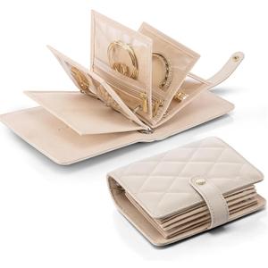 VLANDO Mini Travel Jewelry Organizer Case,Portable Jewelry Organizers Storage Book with Clear Zipper Velvet Jewelry Pouch Bag for Travel Essentials,Ring,Earring-Cream White