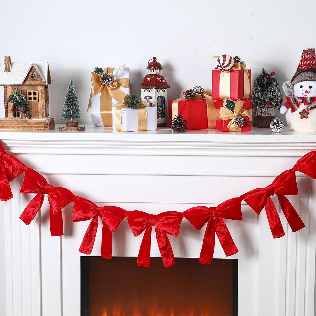 VitalCozy 6 ft Christmas Red Velvet Bows Garland Pre-strung Christmas Garland Banner with 10 Bows Xmas Decor for Tree Mantel Fireplace Cabinet Stair Bedroom Living Room Home Indoor Holiday Decoration