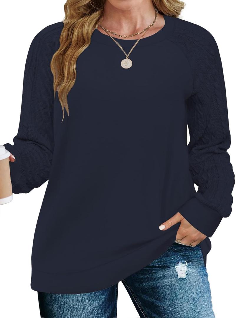 VISLILY Womens-Plus-Size-Sweatshirts Trendy Raglan Cable Knit Long Sleeve Shirts Casual Crewneck Pullover Tunic Tops, 3XL