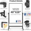 Rolling Whiteboard 40x28 Inches - Adjustable Height Standing Easel Whiteboard on Wheels for Home, Office, Classroom Black