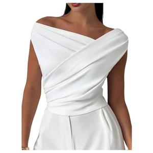 MakeMeChic Women's Dressy Wrap Tops Off The Shoulder Tops Summer Asymmetrical Tops White Small