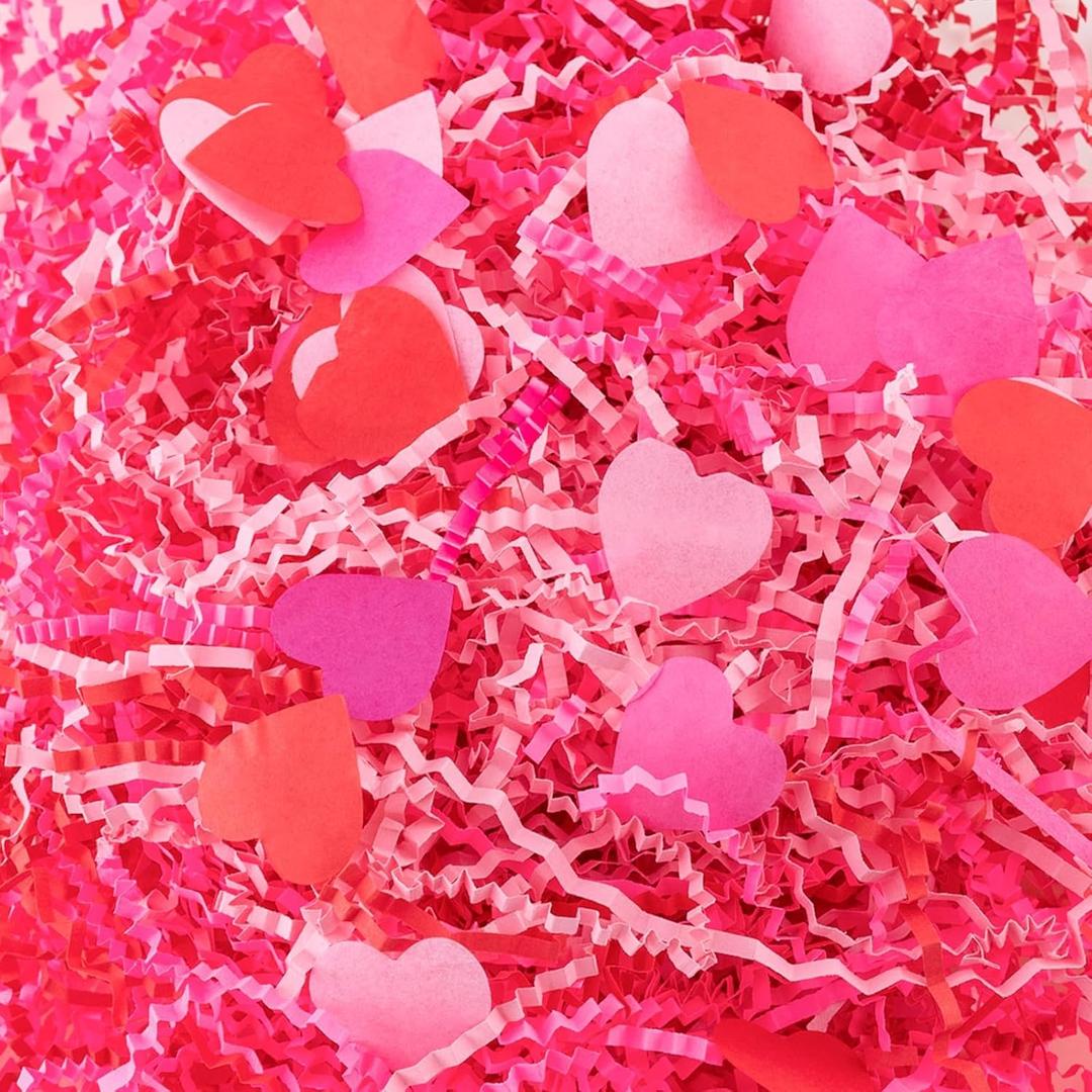 CIPOWM Valentine's Day Crinkle Cut Paper Shred, Red Pink Raffia Paper Shred Filler with Heart Confetti Shredded Paper Grass for Gift Wrapping Craft DIY Gift Bag Box Filling Party Supply, 115g/4oz