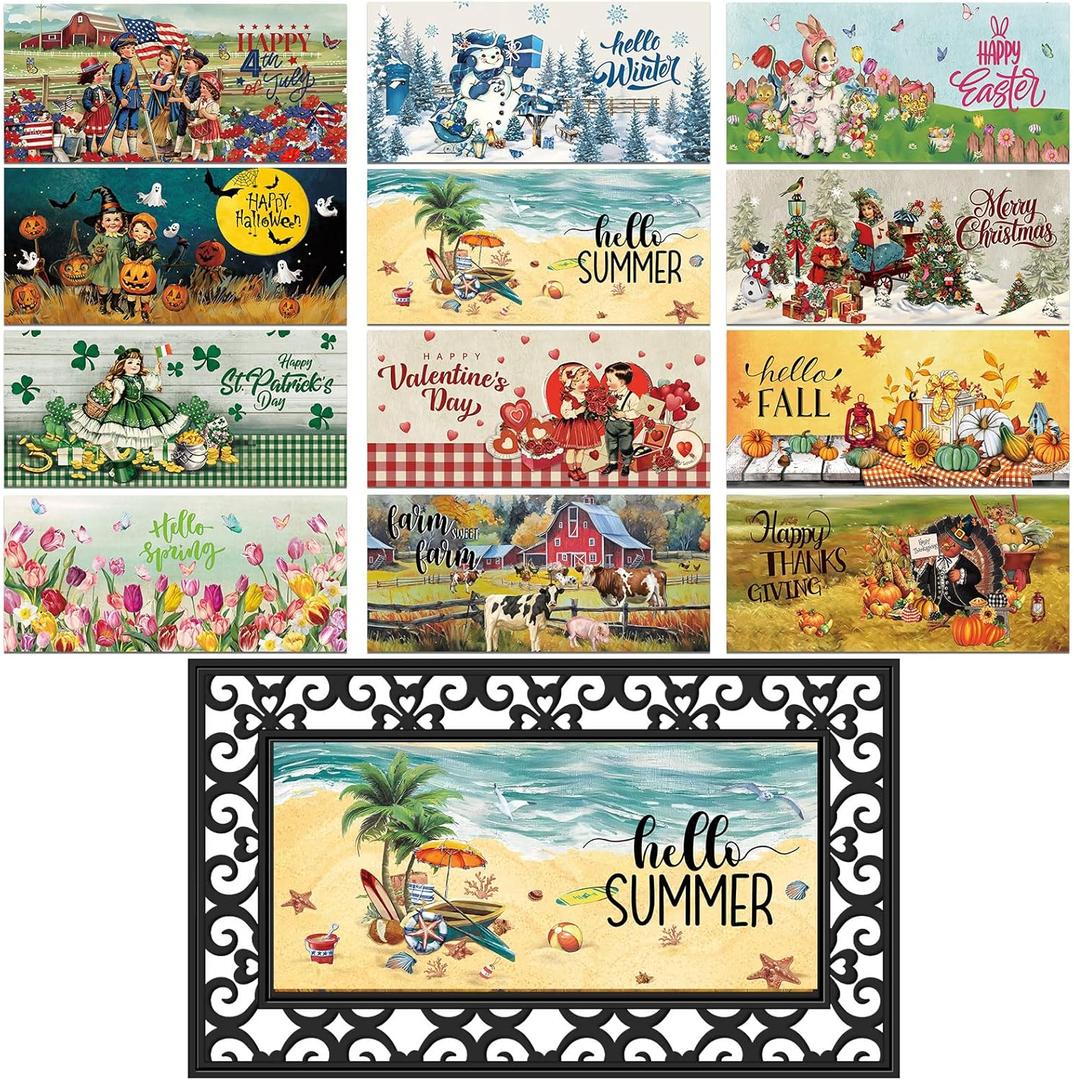 Nuanchu Seasonal Door Mat Interchangeable Doormat Inserts Entrance Welcome Mats 22 x 10 Inches Non Slip Mats Gifts for Front Door 4th of July Summer Decoration (No Frame)(Retro)