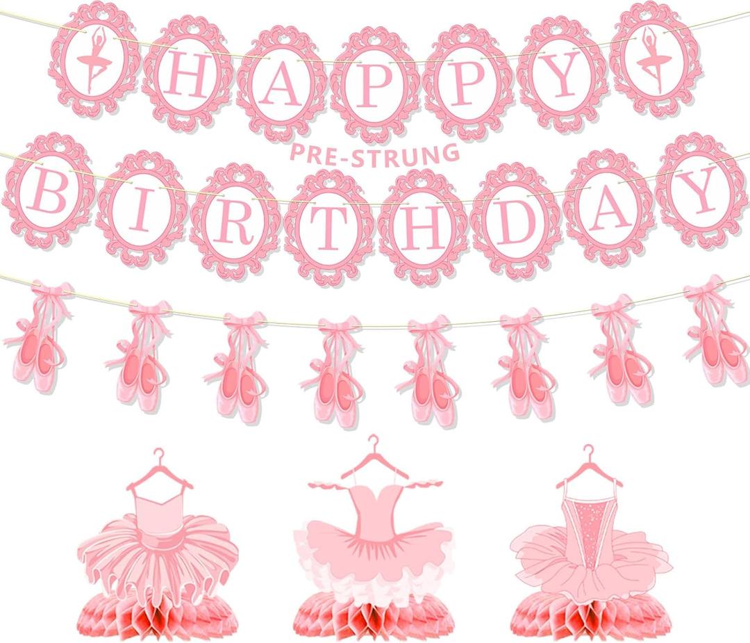 Ballerina Party Decorations Pre-Strung Birthday Banner Table Decor | Ready to use pre-strung banner, no assembly required, ballet themed birthday party supplies, honeycomb centerpieces decor