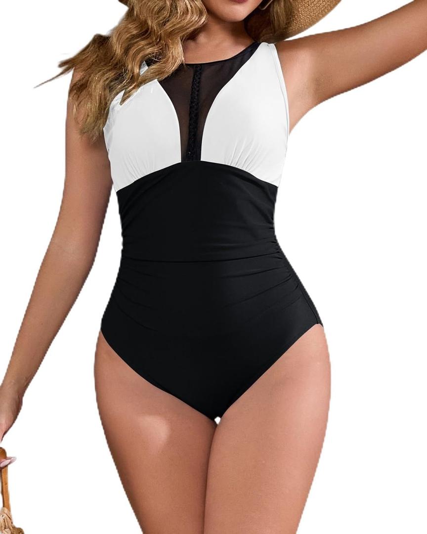 Cromi Women Tummy Control One Piece Swimsuit with Mesh V Neck | Ruched Slimming, Adjustable Straps, Removable Pads, Quick-Dry Fabric, Chlorine-Resistant for Beach Vacations (XXL)