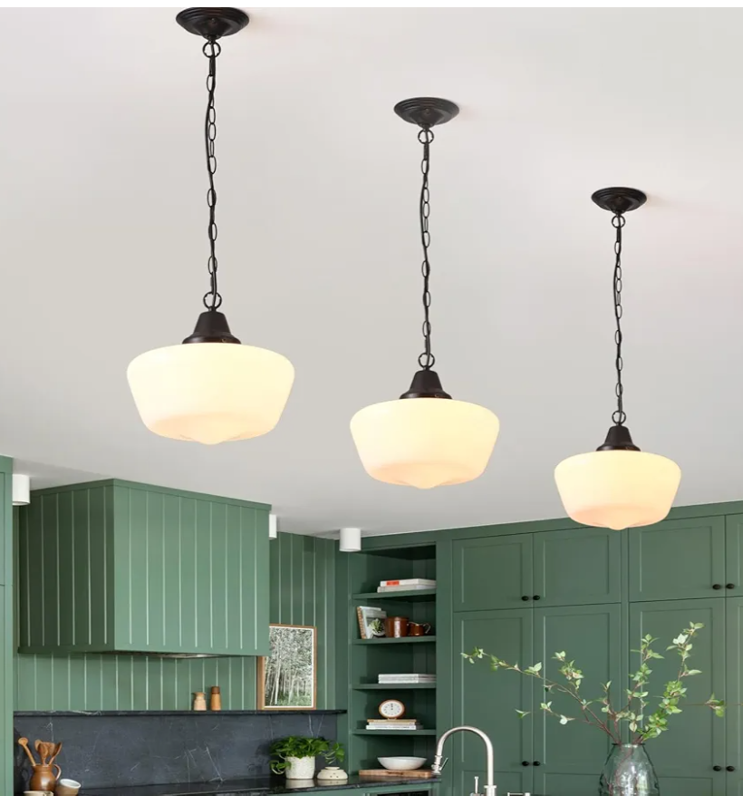 Schoolhouse Pendant Fixture, 12 Inch Black Finish with Milk Glass Adjustable Mid Century Ceiling Pendant Lighting, Pendant Light Fixtures for Kitchen Hallway Entrywa Dining Room