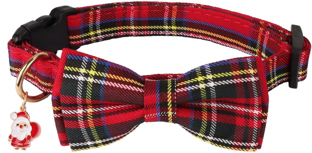 ADOGGYGO Christmas Dog Collar with Bowtie, Adjustable Red Plaid Bow, Pet Christmas Collars for Small Medium Large Dogs (Medium)