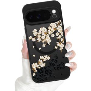 OOK Magnetic Case Fit for Google Pixel 10 Pro 6.3 Inch, White Floral | Wireless Charging Compatible, Soft TPU and Hard PC, Anti-Scratch Shockproof Protection Phone Cover for Women