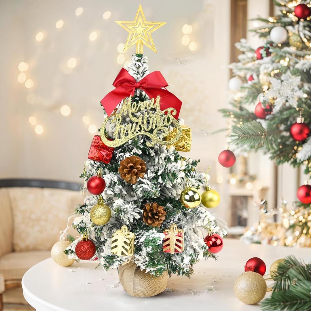 24 Inch Flocked Tabletop Christmas Tree with LED Lights & Ornaments, Artificial Mini Desktop Xmas Tree with Sturdy Fabric Base for DIY Holiday & Party Decor (White)