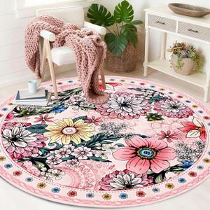 Yinhua Round Rug 4ft Rug Washable Boho Floral Rugs Non Slip, Pink Soft Circular Area Rugs Low Pile, Faux Wool Flowers Carpet for Bedroom, Entryway, Living Room, Bedroom, Dining Room, Pink