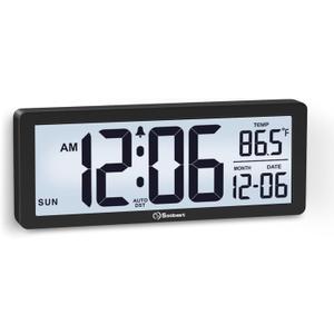 Soobest 8.5 Inch Digital Wall Clock Battery Operated with Backlight, Temperature, Date, Day & Auto DST, Black Slim Design for Elderly, Bedroom, Living Room, Office
