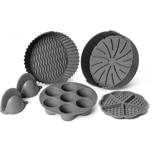 EM Set of 5 Silicone Air Fryer Liners with Egg Bite Mold, Waffle Mold & Mitts - 8.7 Round Reusable Silicone Inserts for 5-7 Qt Airfryers - Easy to Clean & Heat-Resistant Air Fryer Accessories Set