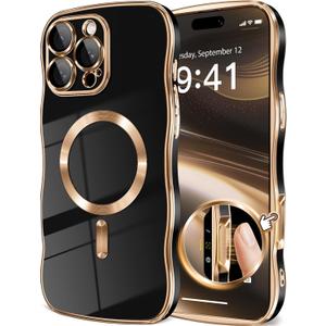 GVIEWIN for iPhone 16 Pro Max Case Compatible with MagSafe, Upgraded [Full Camera Protection][Cute Wave Frame][Military Grade Protection] Electroplated Soft Phone Cover for Women Girl, Black