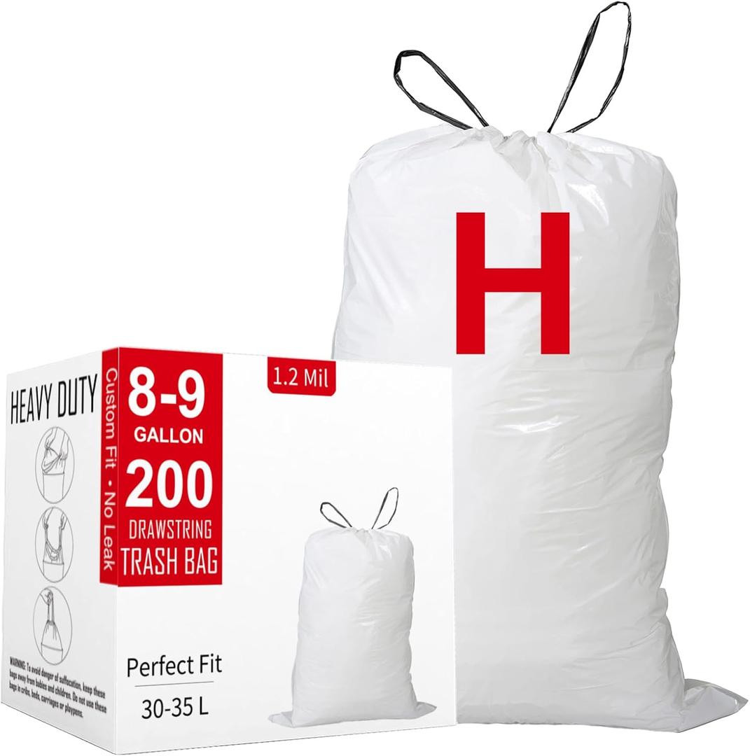 Code H (200 Count) 8-9 Gallon Heavy Duty Drawstring Plastic Trash Bags Compatible with simplehuman Code H | 1.2 Mil | White Drawstring Garbage Liners 8-9 Gallon/30-35 Liter