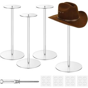 4 Sets Acrylic Hat Stand Holder Wig Display Clear Wig Display Rack, 17" Clear Hat Stands for Display Baseball Hat Rack Stand Round Acrylic Risers Stand for Display Jewelry Watch Helmets