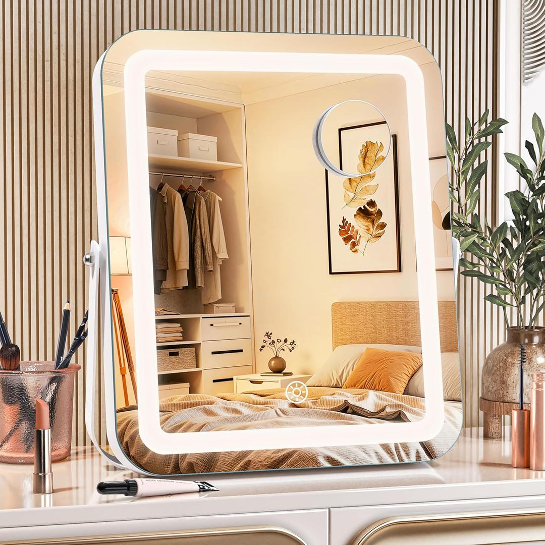 MINISO Vanity Mirror with Lights, 9.8" x 11.8" LED Makeup Mirror, Light & Brightness Adjustment, Smart Sensor, Aluminum Alloy Metal White Frame, with 5X Magnifying Glass (Round-angle)
