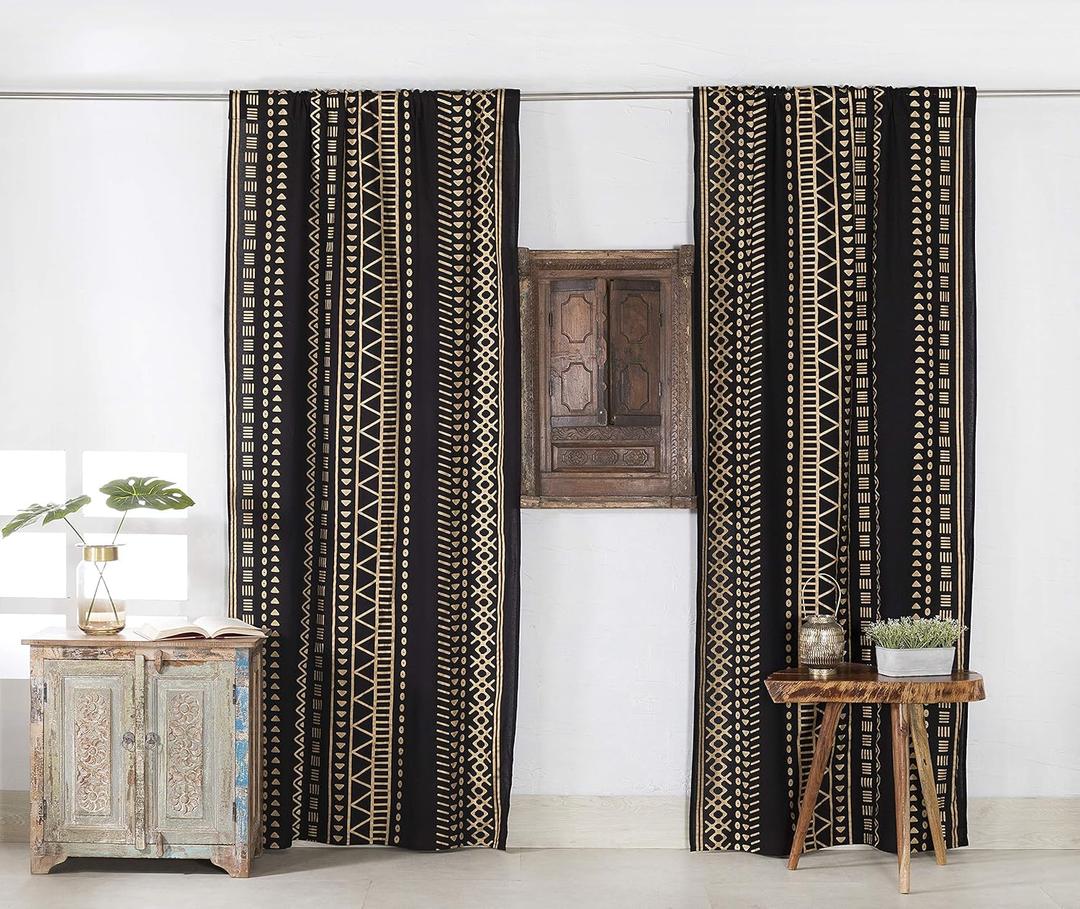 Popular Handicrafts Indian Hippie Bohemian Beautiful Gold Geometric Printed Window Door Drapery Curtain Bedroom Living Room Balcony Valance Panels Sheer Curtain Black (41"W x 87"L (Pack of 2))