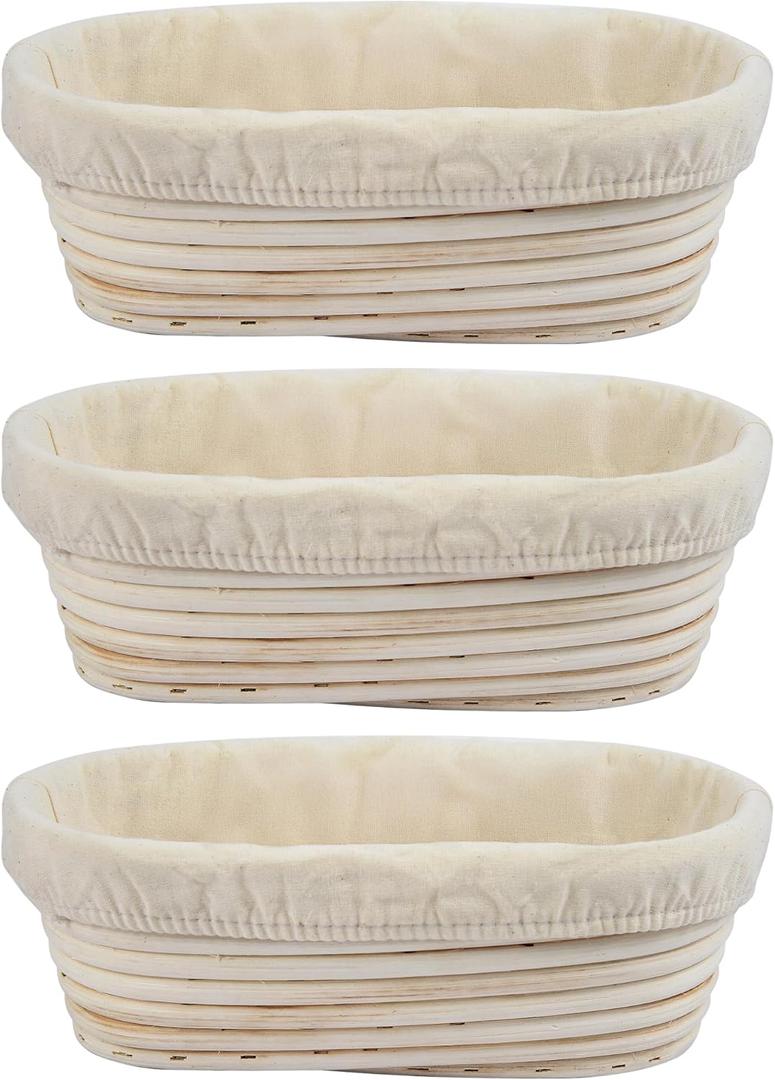 3Pcs Banneton Bread Proofing Basket, 10 inch Oval Banneton Basket,Sourdough Proofing Basket,Bread Bowl Handmade Rattan Baskets and Liners for Professional & Home Sourdough Bread Baking