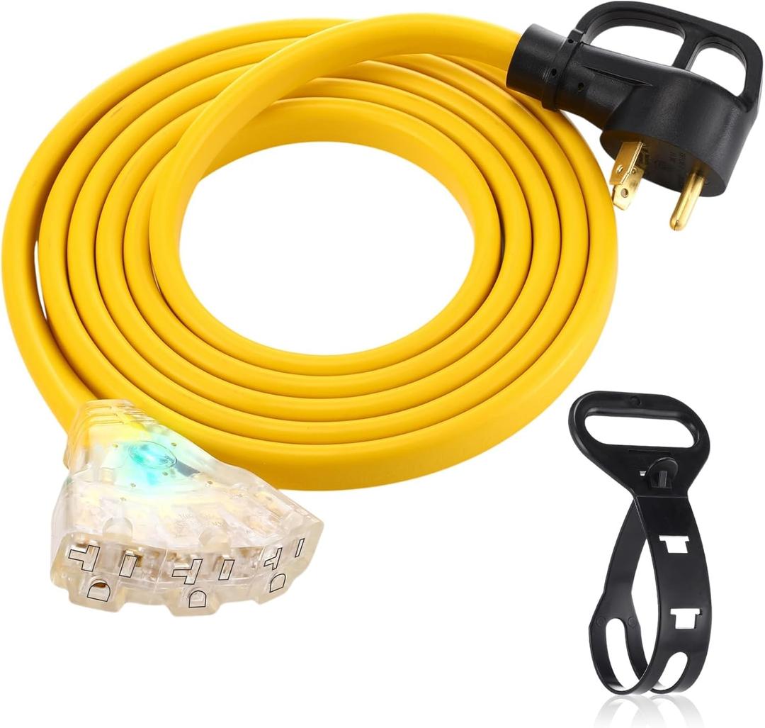 10 ft Flat Rv Generator Adapter Cord Compatible with Nema Tt-30p to 3X 5-20r/5-15r, 30a to 110v 15/20 a Household Outlet Adapter, 10 Gauge Rv Generator Extension Cord, Etl Listed, Yellow