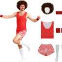 Mens Richard Simmons Costume 80s Fitness Instructor Workout Outfit Womens Afro Wig Halloween Party Dress Up Sets 2XL