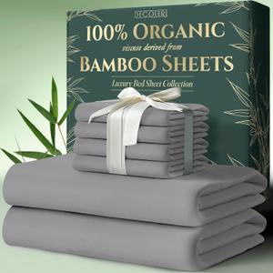DECOLURE 100% Organic Viscose Derived from Bamboo Sheets Queen Size 6pcs - Ultra Soft & Luxuriously Cooling, 17" Deep Pocket, Double Stitching, Perfect for Hot Sleepers - Queen Bed Sheets (Midgrey)