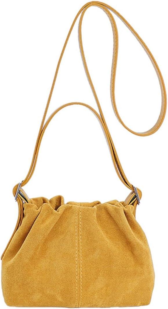 Women Vintage Suede Handbags Tote Handbag Drawstring Bucket Bag Slouchy Crossbody Shoulder Bag Satchel Everyday Purse (Yellow)