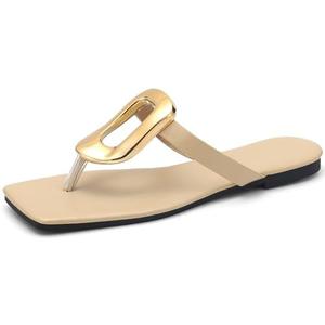 Womens Flat Sandals Leather Comfortable Flip Flops Slide Summer Beach Shoes with Metal Decoration, Size 41