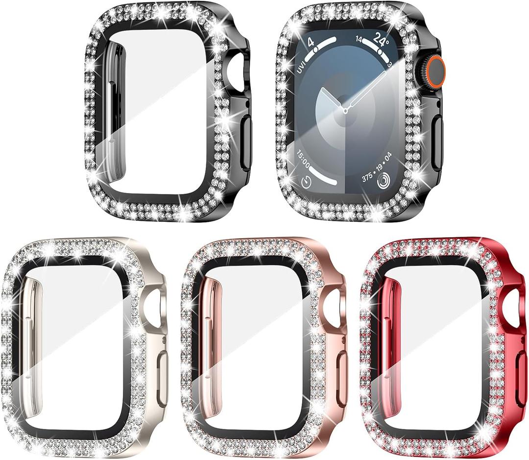 Goton 4-Pack Bling Screen Protector for Apple Watch Series 9 8 7 45mm Case, Women Glitter Diamond Rhinestone Bumper Cover for iWatch Accessories 45 mm (Red+Rose Gold+Starlight+Black( Glass))