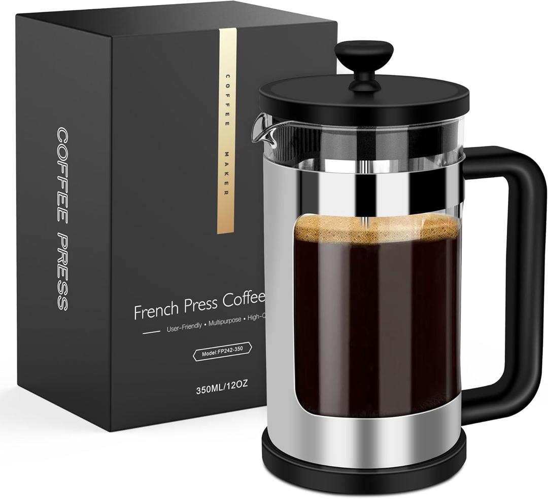 RAINBEAN French Press Coffee Maker 12 Oz, Mini Coffee Press 1 Cup, Single Serve French Press, With 3 Filterations, Heat Resistant Thickness Borosilicate Glass, Coffee Brewer Tea Press