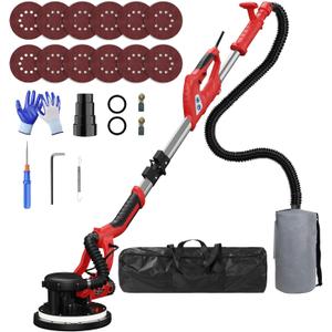 Drywall Sander with Vacuum Dust Collector(02/11/2025 Upgraded) 8-Amp Popcorn Ceiling Removal Tool with 7 Variable Speed 800-1800RPM, Extendable Handle, LED Light, 12pcs Sanding Discs, Red