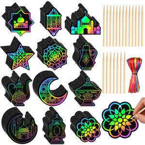Deekin 120 Pcs Eid Scratch Paper Set Ramadan Crafts Scratch Cards Hanging Ramadan Gifts Eid Magical Party Activities DIY Art Painting Project Supplies