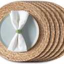 Aofmee 13.8 inch Round Woven Placemats Set of 6, Boho Rattan Place Mats, Natural Water Hyacinth Table Placemats, Farmhouse Weave Table Mats, Rustic Braided Wicker Charger Plates for Dining Table Decor