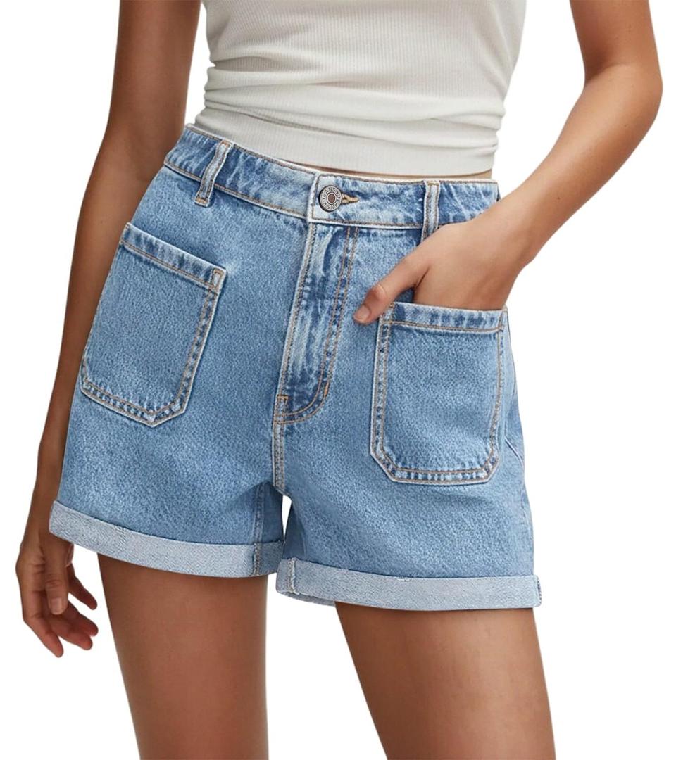 onlypuff Jean Shorts for Women Mid Waisted Boyfriend Denim Short Front Pocket Trendy Summer Outfits Light Blue Size 8 (Blue)