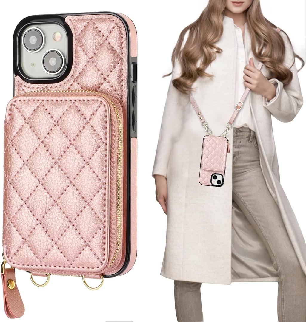 Bocasal Crossbody Wallet Case for iPhone 15, RFID Blocking PU Leather Zipper Handbag Purse Flip Cover, Kickstand Folio Case with Card Slots Holder Wrist Strap Lanyard 5G 6.1 Inch (Rose Gold)