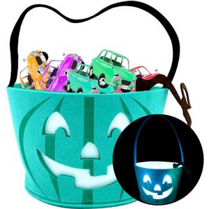 Light Up Teal Pumpkin Halloween Felt Trick or Treat Bucket, with Blue LED lights, Halloween Party Favors, Halloween Snacks, Goodie Bags for Kids, Novlety Gifts
