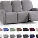 KinCam Recliner Covers, Stretch Reclining Chair Covers, Recliner Sofa Slipcovers Stripe Jacquard Recliner Couch Covers Furniture Protector Covers for Pet Kid (3 Seater, Light Gray)