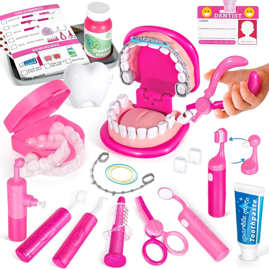 ULOVEME Kids Dentist Play Set Pink with Braces /Removable Teeth /Retainer - Doctor Kit for Toddlers 3-5 - Educational Toys for 4+ Year Old Girls - Pretend Play Toy for Ages 5-7 (Fushia)