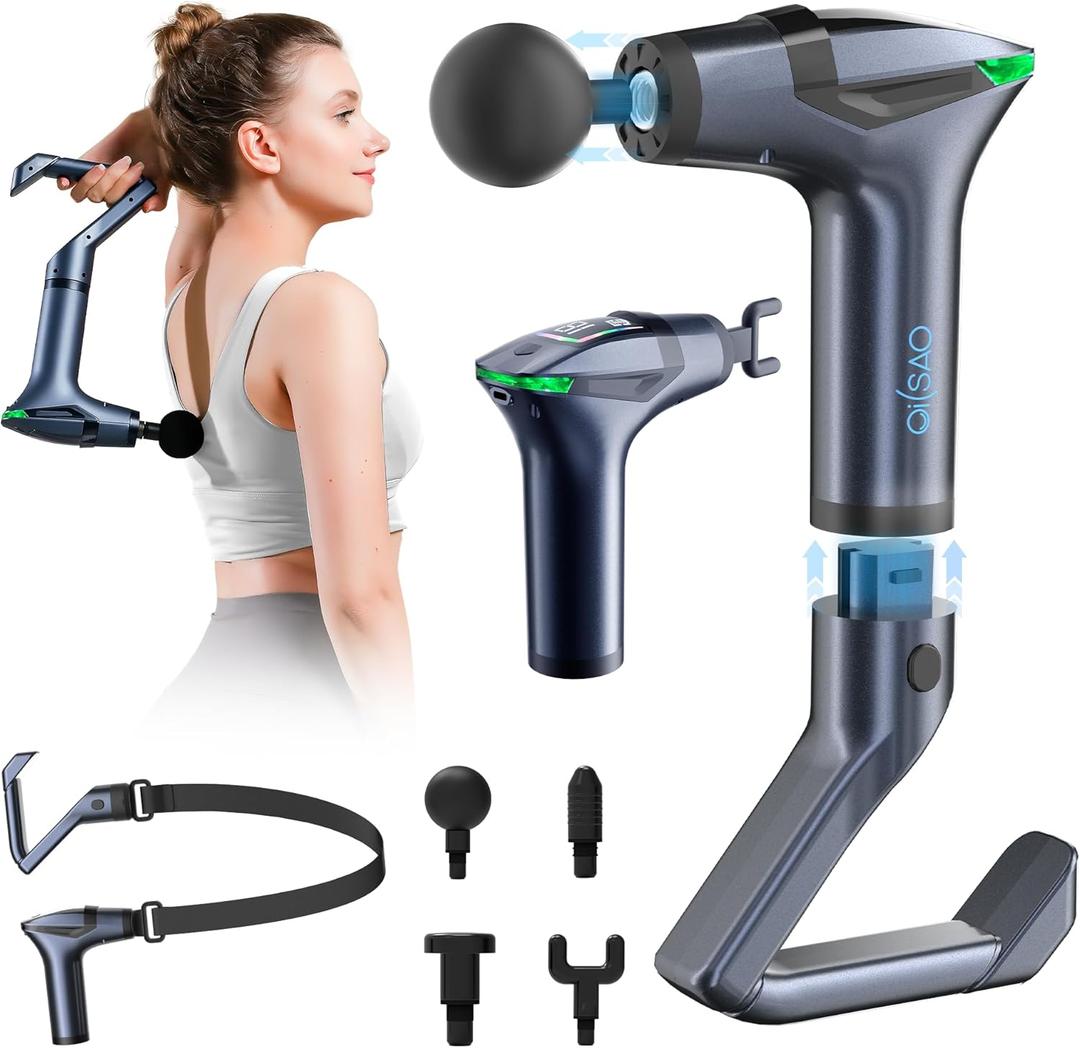 Detachable 3-in-1 Massage Gun with Extension Handle & Massage Strap, Back Pain Relief Percussion Muscle Massager for Neck Shoulder, 12 Speeds &12mm Amplitude for Hard-to-Reach Areas, Quiet & Portable
