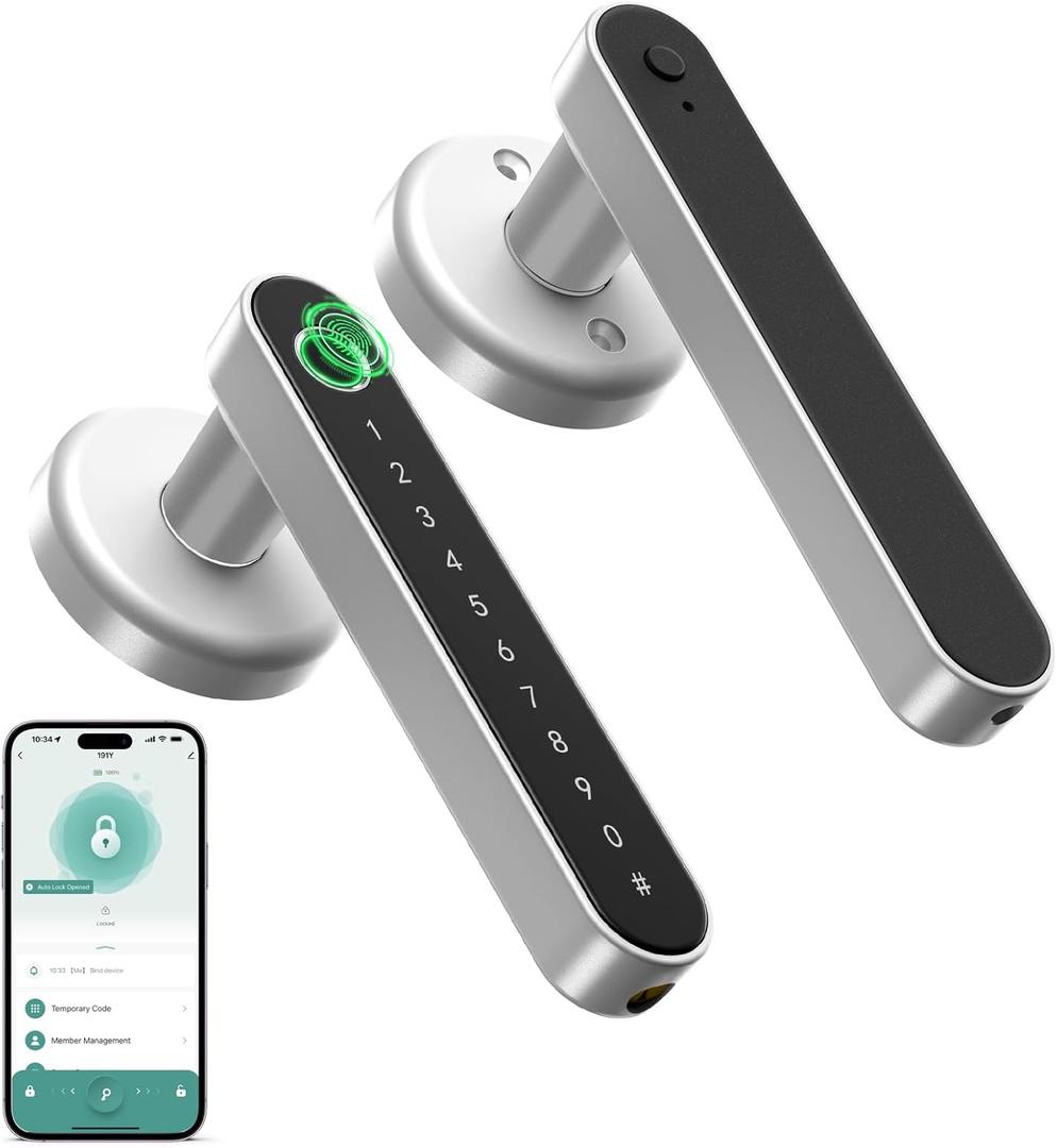 IRONZON Fingerprint Door Handle for Bedrooms - 191Y 4-in-1 Fingerprint Door Lock with Keypad and App Control, Smart Knob for Bedroom with Key, Keyless Entry Door Handle - Silver