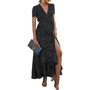 PRETTYGARDEN Women's Summer Maxi Dress Casual Wrap Boho Short Sleeve V Neck Split Ruffle Beach Long Dresses (Medium)