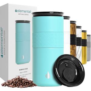 Elemental Artisan Insulated Tumbler, Triple Wall Coffee Travel Mug, Reusable Stainless Steel Coffee Tumbler with Ceramic Lid, Thermal Coffee Cups for Hot (6 Hrs) & Cold (18 Hrs), 16oz - Robin's Egg Elemental Artisan Insulated Tumbler, Triple Wall Coffee Travel Mug, Reusable Stainless Steel Coffee Tumbler with Ceramic Lid, Thermal Coffee Cups for Hot (6 Hrs) & Cold (18 Hrs), 16oz - Robin's Egg